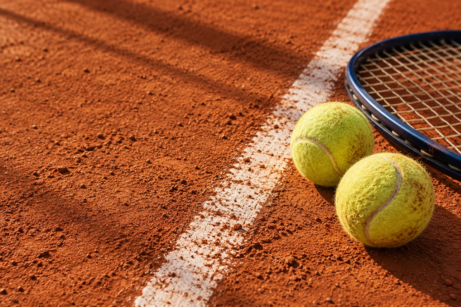 Imagine de atmosferă: rachetă și mingi de tenis pe zgură